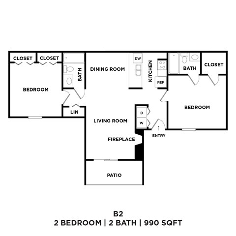 A black and white image of a floor plan for a 2 bedroom, 2 bathroom apartment.